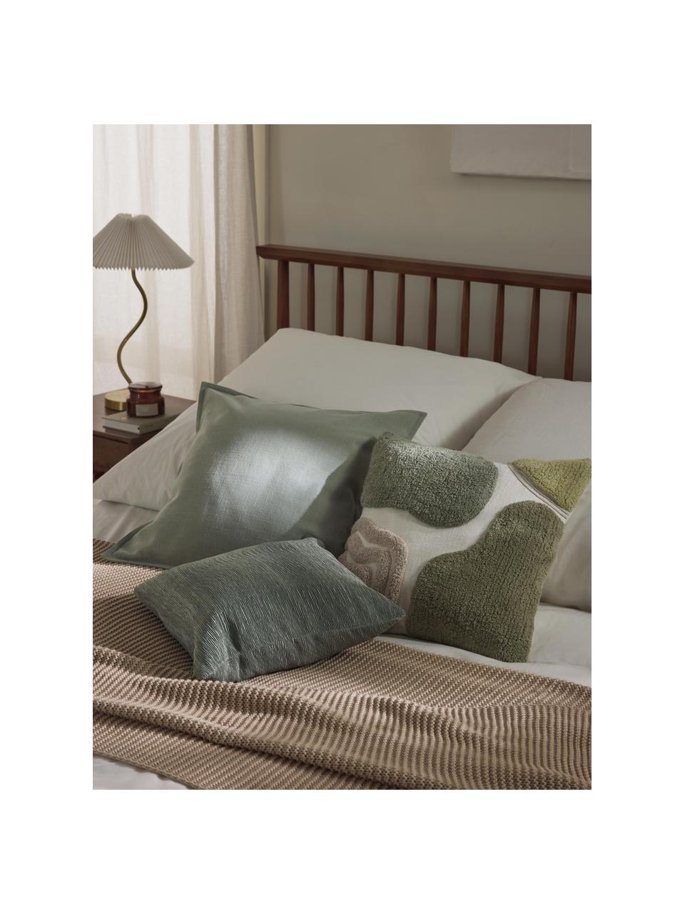 Housse de coussin 45x45 décorative Coraline, 100 % coton, Vert clair, vert olive, blanc crème, larg. 45 x long. 45 cm