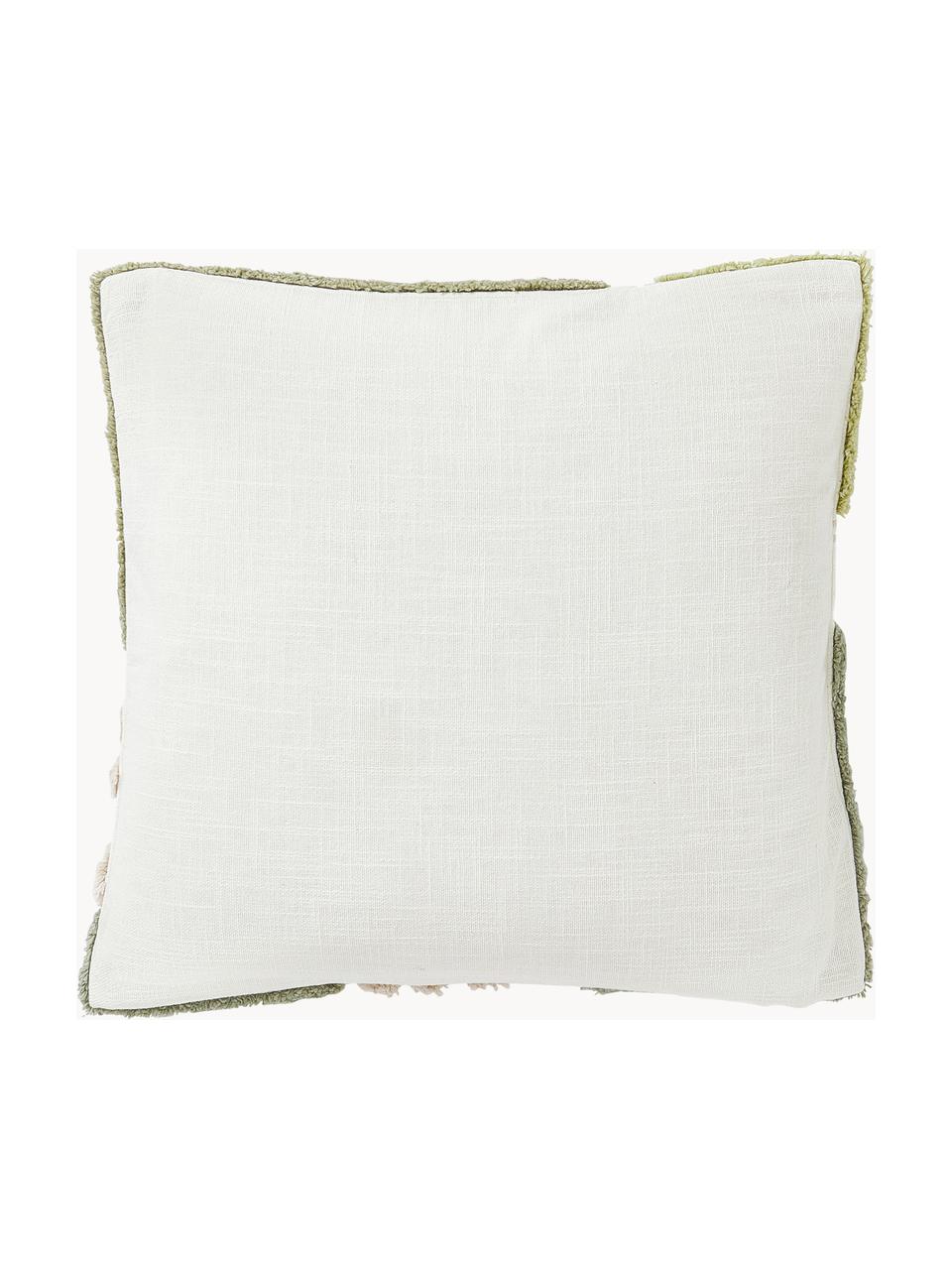 Housse de coussin 45x45 décorative Coraline, 100 % coton, Vert clair, vert olive, blanc crème, larg. 45 x long. 45 cm