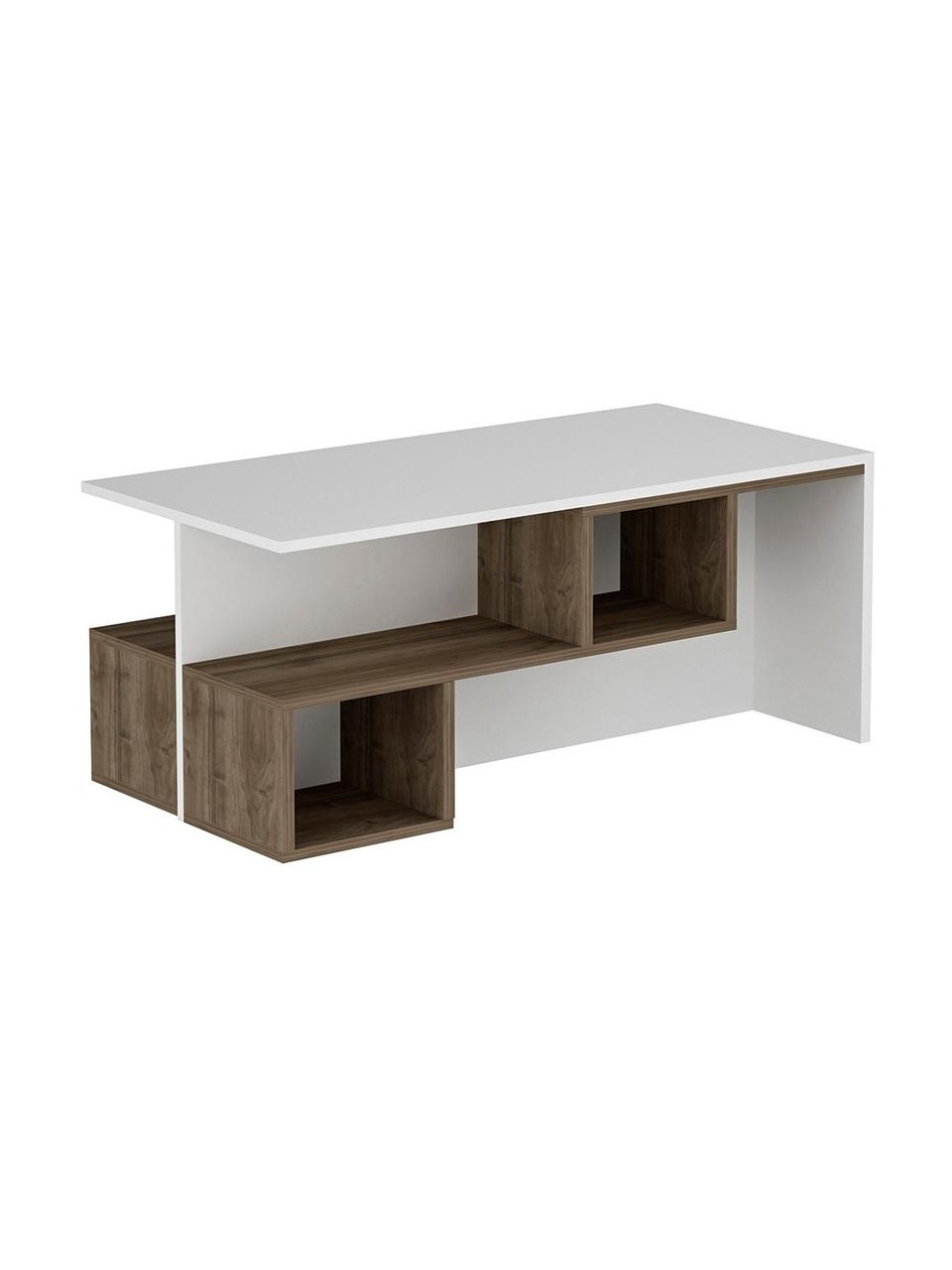 Mesa de centro Dilay, con espacio de almacenamiento, Aglomerado recubierto de melamina, Blanco, madera oscura, An 100 x Al 60 cm