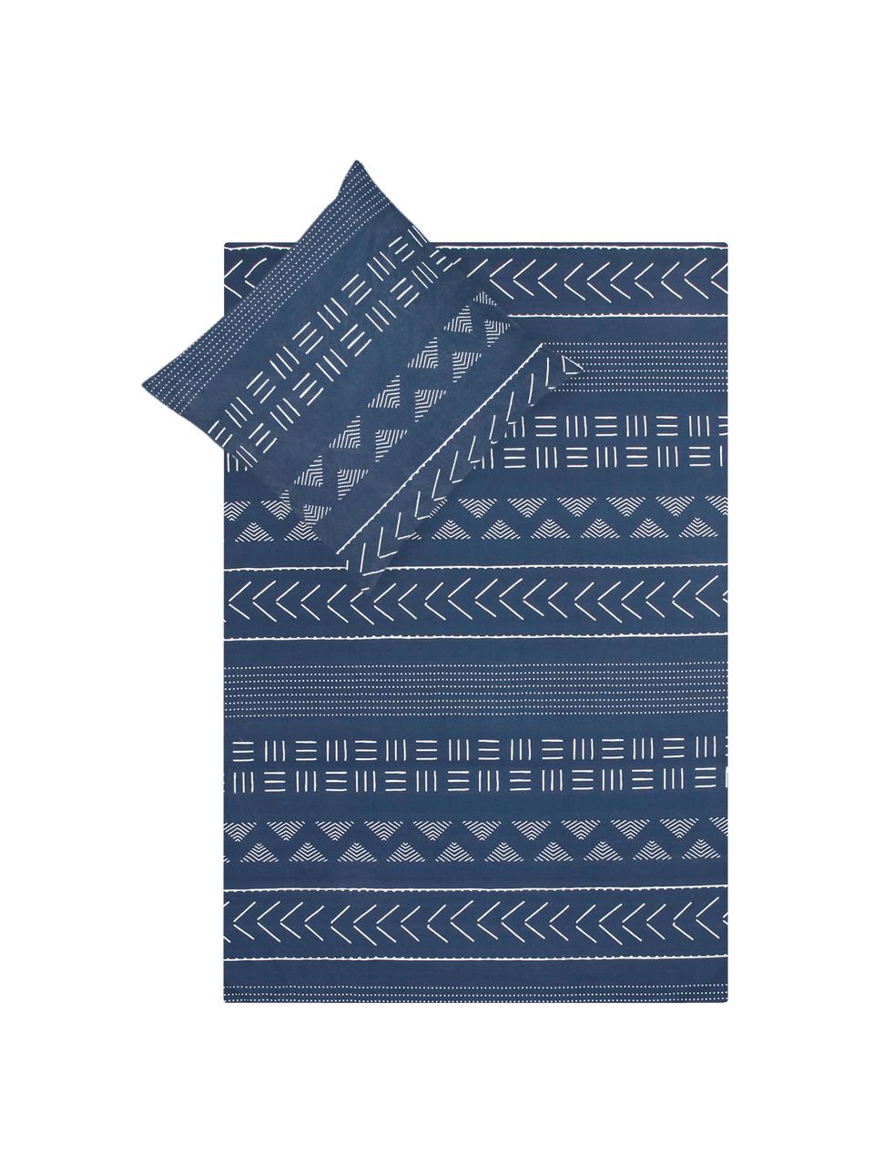 Bavlnená posteľná bielizeň s vypraným efektom v boho štýle Kohana, Tmavomodrá, écru