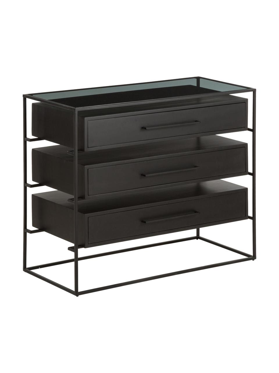Cómoda cajonera Lyle, con tablero de cristal, Estante: vidrio, Negro, An 100 x Al 82 cm