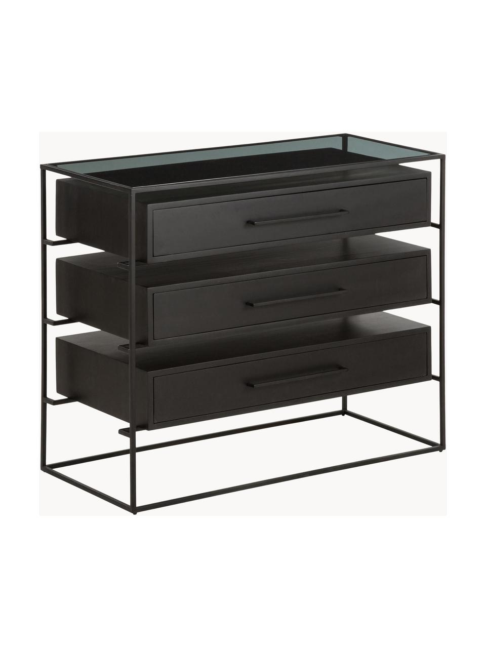 Schubladenkommode Lyle mit Glasplatte, Ablagefläche: Glas, Schwarz, B 100 x H 82 cm