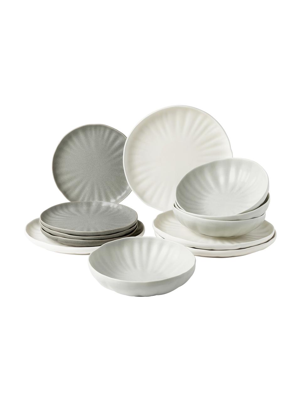 Sada porcelánového nádobí s reliéfem, pro 4 osoby (12 dílů), Porcelán, Krémově bílá, odstíny šedé, Pro 4 osoby (12 dílů)