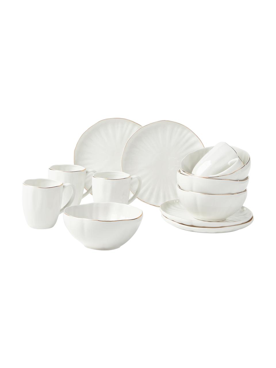 Sada porcelánového snídaňového nádobí s reliéfem Sali, pro 4 osoby (12 dílů), Porcelán, Bílá se zlatým okrajem, Pro 4 osoby (12 dílů)