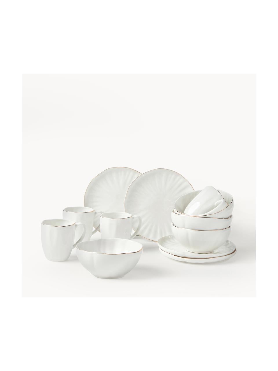 Frühstücks-Set Sali mit Relief, 4 Personen (12er-Set), Porzellan, Weiß mit goldenem Rand, 4 Personen (12er-Set)