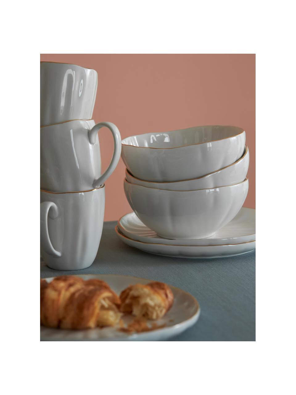 Frühstücks-Set Sali mit Relief, 4 Personen (12er-Set), Porzellan, Weiß mit goldenem Rand, 4 Personen (12er-Set)
