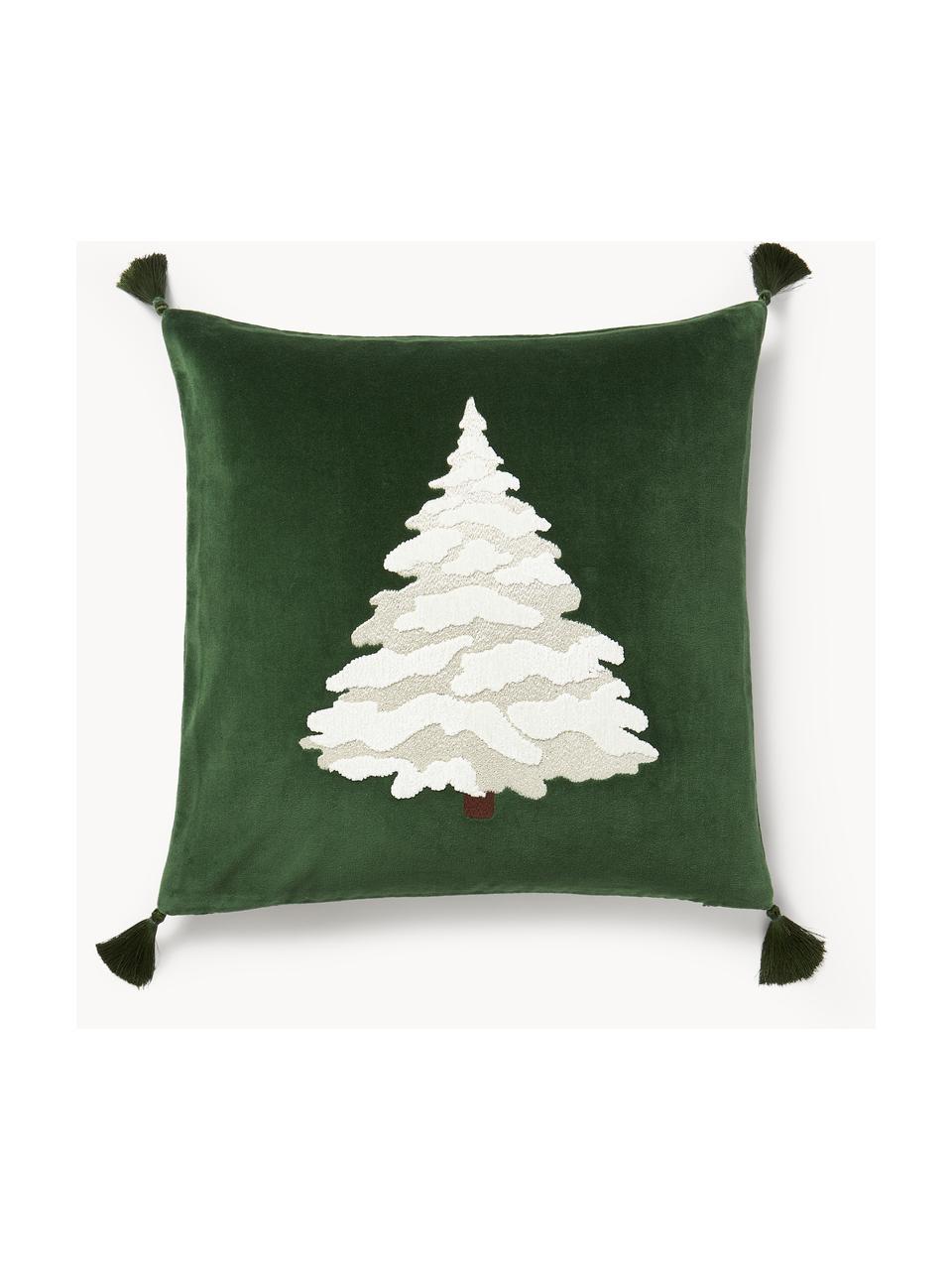 Copricuscino in cotone con motivo albero di Natale Amara, Rivestimento: velluto (100% cotone), Verde scuro, bianco, beige chiaro, Larg. 50 x Lung. 50 cm