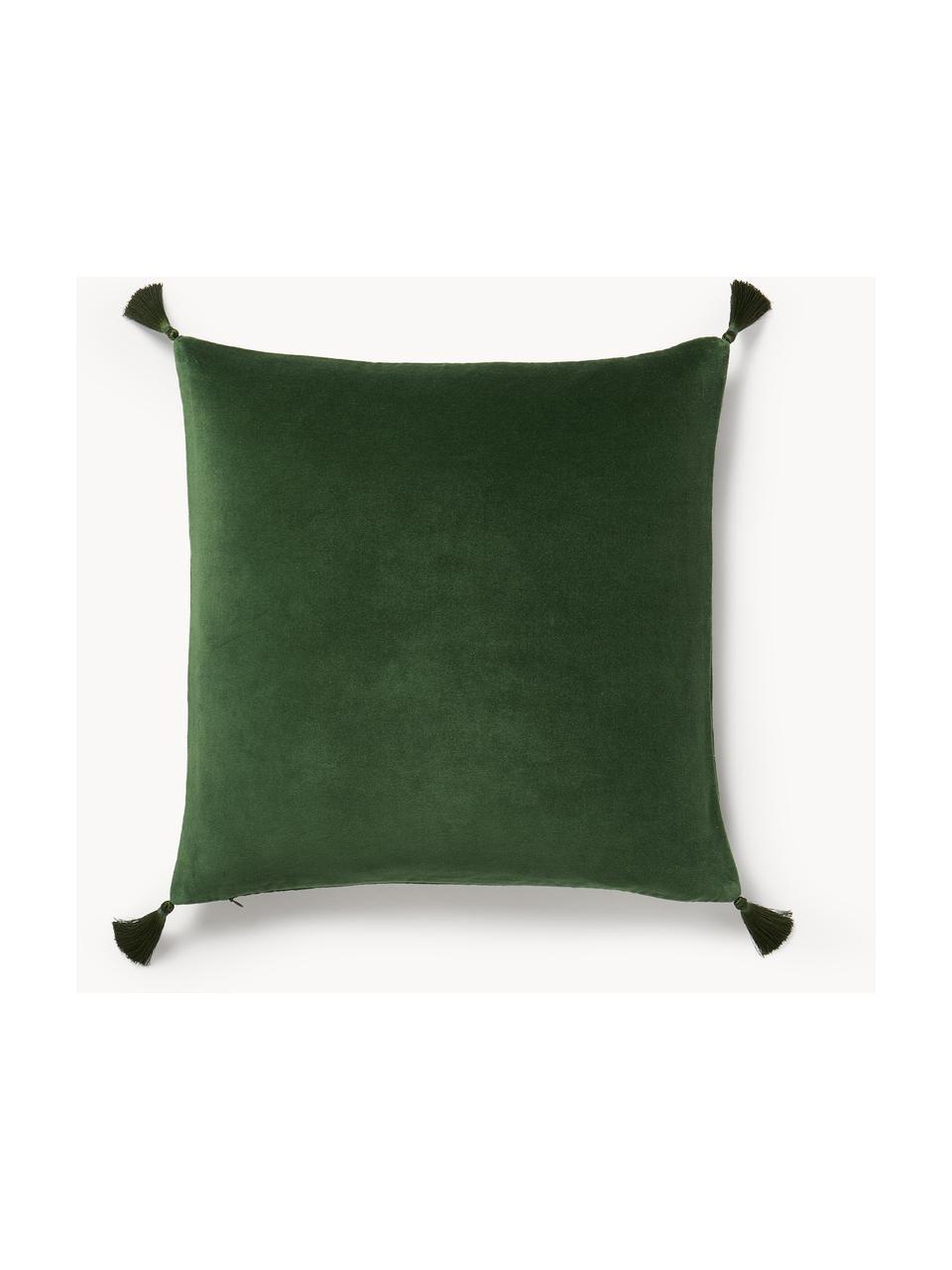 Housse de coussin en velours avec sapin brodé Amara, Vert foncé, blanc, beige clair, larg. 50 x long. 50 cm