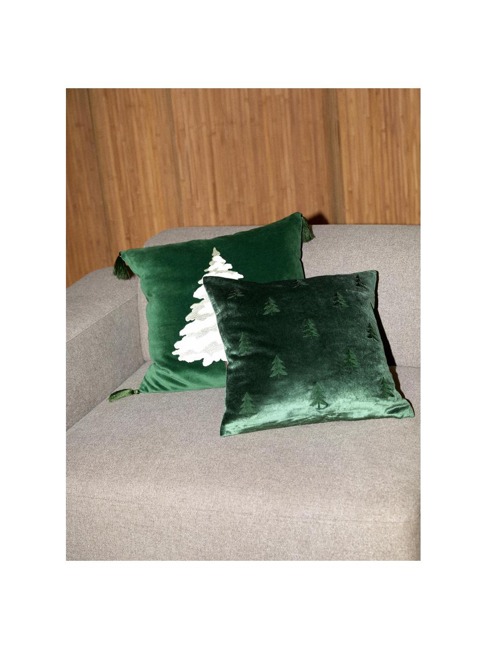 Samt-Kissenhülle Amara mit gesticktem Tannenbaum, Hülle: Samt (100 % Baumwolle), Dunkelgrün, Weiß, Hellbeige, B 50 x L 50 cm