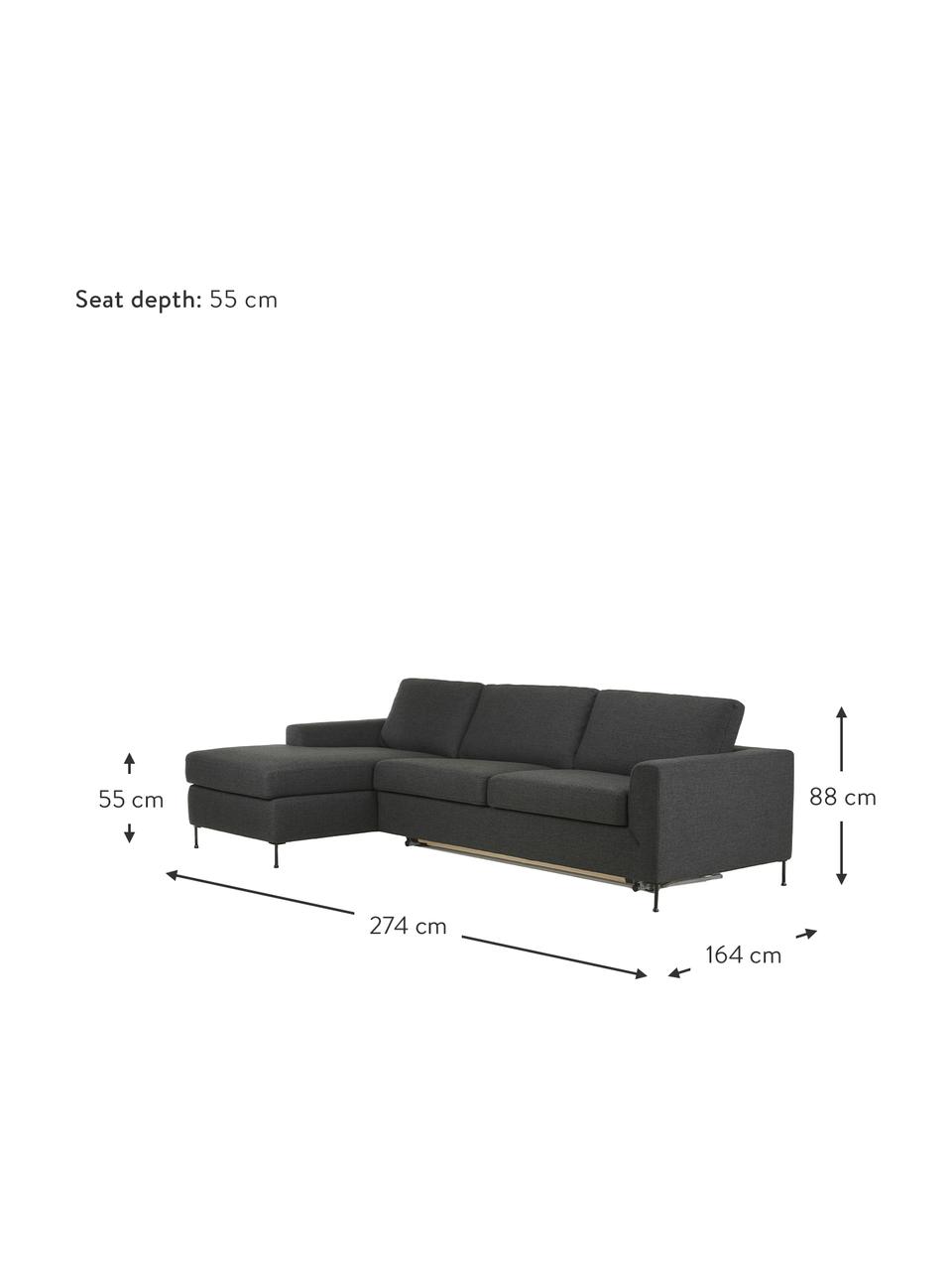 Sofa rozkładana Cucita (3-osobowa), Tapicerka: tkanina (100% poliester) , Stelaż: lite drewno sosnowe z cer, Nogi: metal lakierowany, Antracytowa tkanina, S 274 x G 164 cm, lewostronna