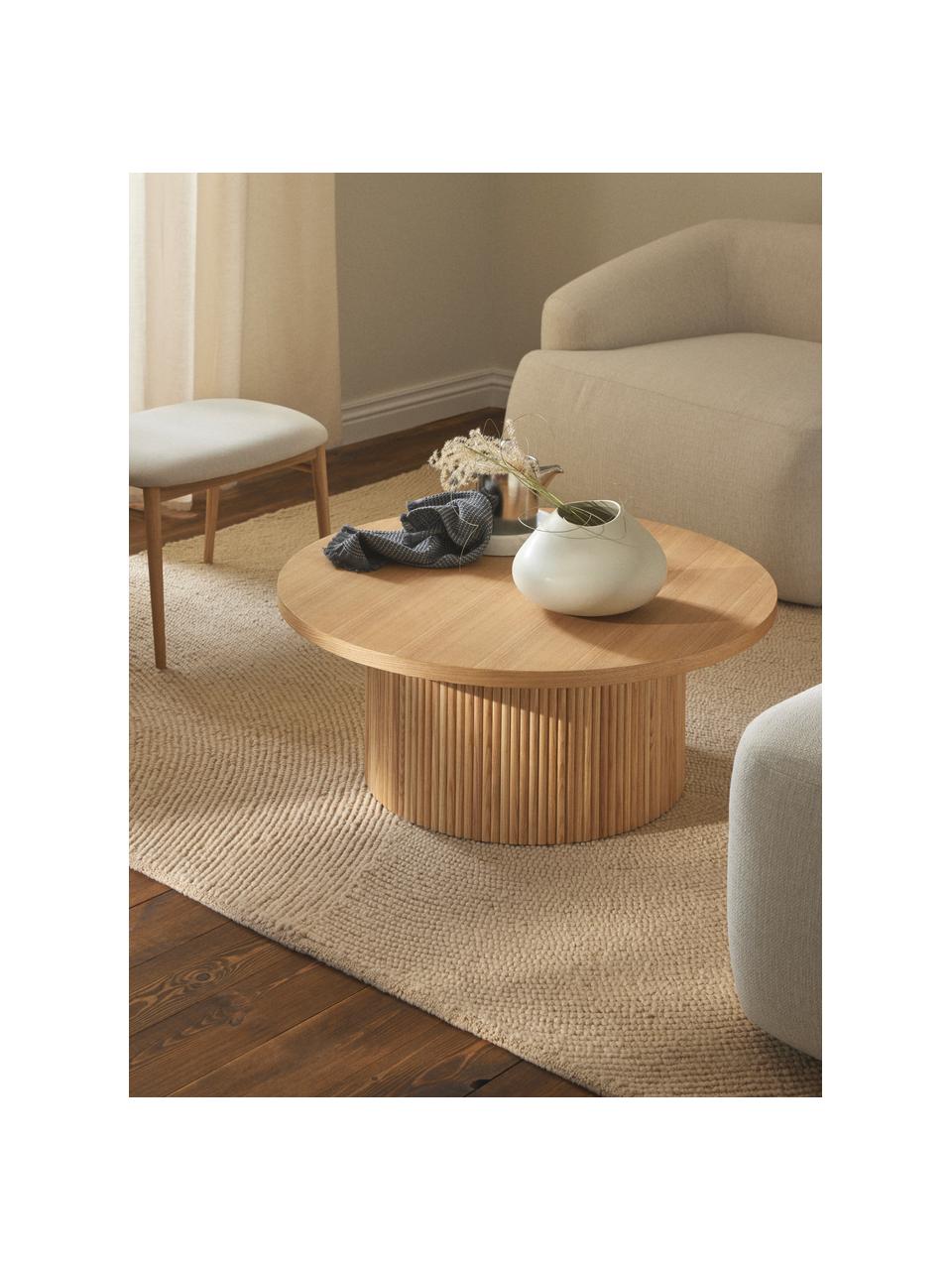 Mesa de centro redonda de madera Nele, Tablero de fibras de densidad media (MDF) chapado en madera de fresno

Este producto está hecho de madera de origen sostenible y con certificación FSC®, Madera de fresno clara, Ø 85 cm x Al 33 cm