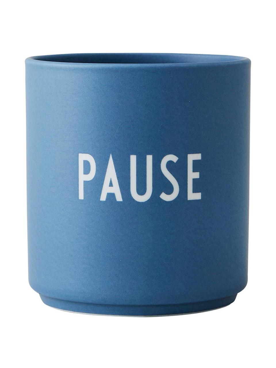 Tazza senza manico di design con scritta Favourite PAUSE, Fine Bone China (porcellana)
Fine bone china è una porcellana a pasta morbida particolarmente caratterizzata dalla sua lucentezza radiosa e traslucida, Blu (Pause), Ø 8 x Alt. 9 cm, 250 ml