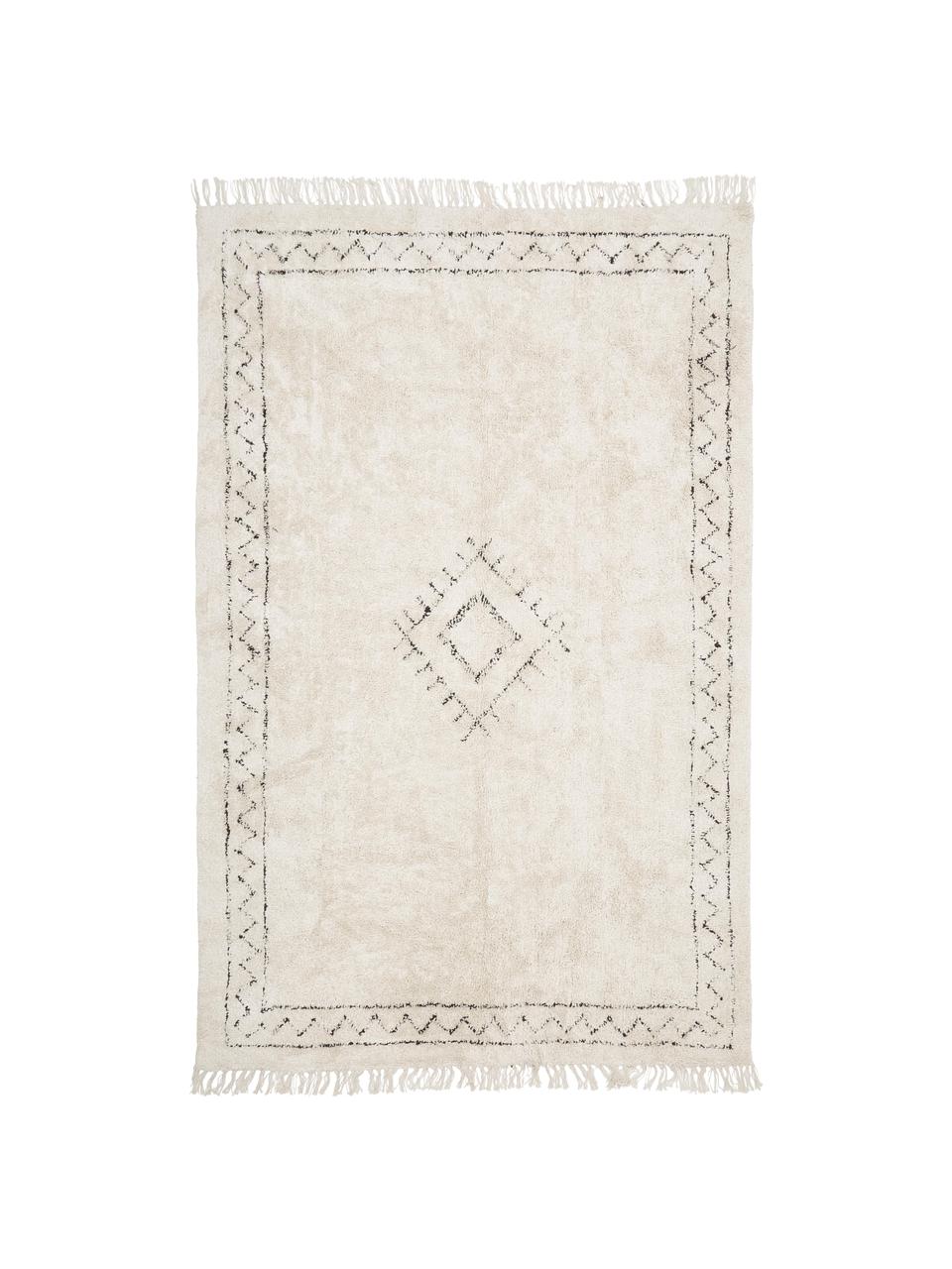 Tapis en coton à franges, tufté main Fionn, 100 % coton, Beige, noir, larg. 160 x long. 230 cm