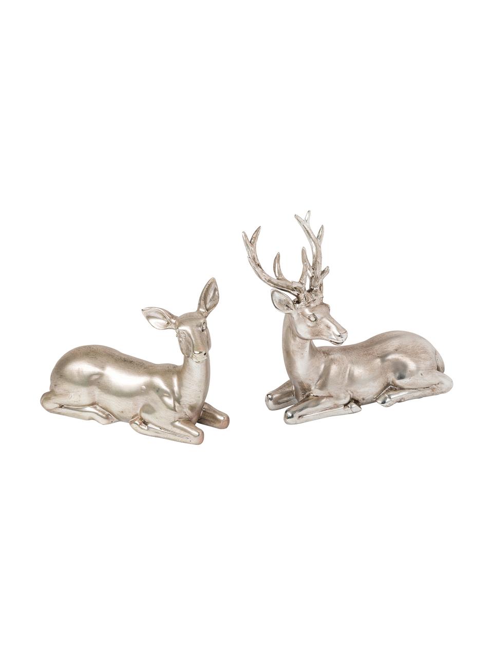 Decoratieve herten Silver Forrest in zilverkleur H 15 cm, 2 stuks, Kunsthars, Zilverkleurig, antieke-afwerking, 15 x 15 cm