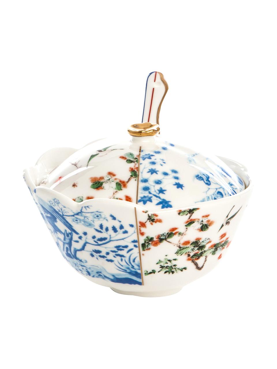 Handgemaakte suikerpot Hybrid, Beenderporselein, Blauw, wit, goudkleurig, Ø 12 x H 9 cm