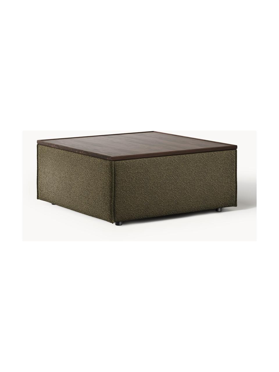 Sofa-Hocker Lennon aus Bouclé mit Stauraum, Bezug: Bouclé (80 % Polyester, 2, Tablett: Eichenholz, Spannplatte m, Gestell: Spanplatte, mitteldichte , Bouclé Olivgrün, dunkles Eichenholz, B 88 x T 88 cm