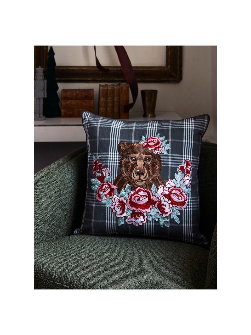 Geruite kussenhoes Bear met borduurwerk, 100 % katoen, Donkergrijs, meerkleurig, B 45 x L 45 cm