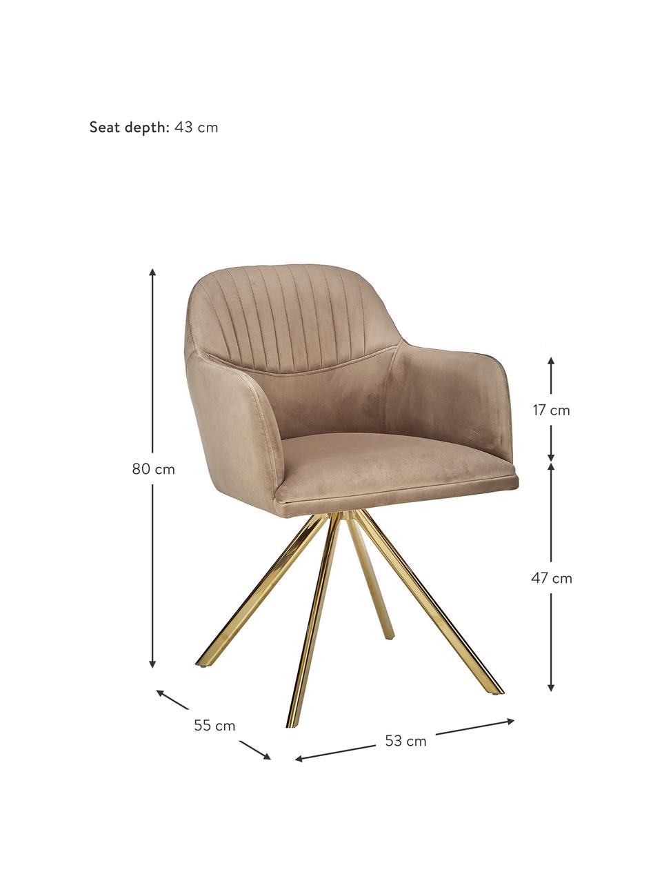 Sedia con braccioli girevole in velluto Lola, Rivestimento: velluto di poliestere Con, Gambe: metallo zincato, Velluto marrone chiaro, dorato, Larg. 53 x Prof. 55 cm