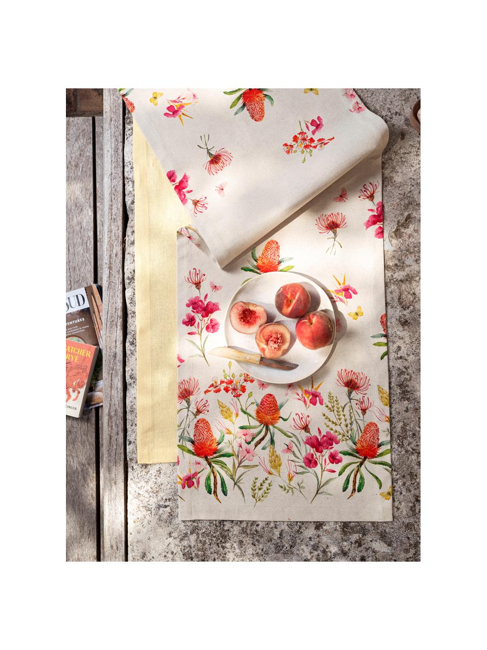 Tischläufer Caleo mit sommerlichen Blumenmotiven, 85% Baumwolle, 15% Leinen, Beige, Bunt, B 40 x L 145 cm