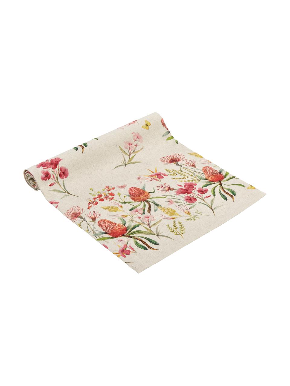 Tafelloper Caleo met zomers bloemen motief, 85% katoen, 15% linnen, Beige, met patroon, B 40 x L 145 cm