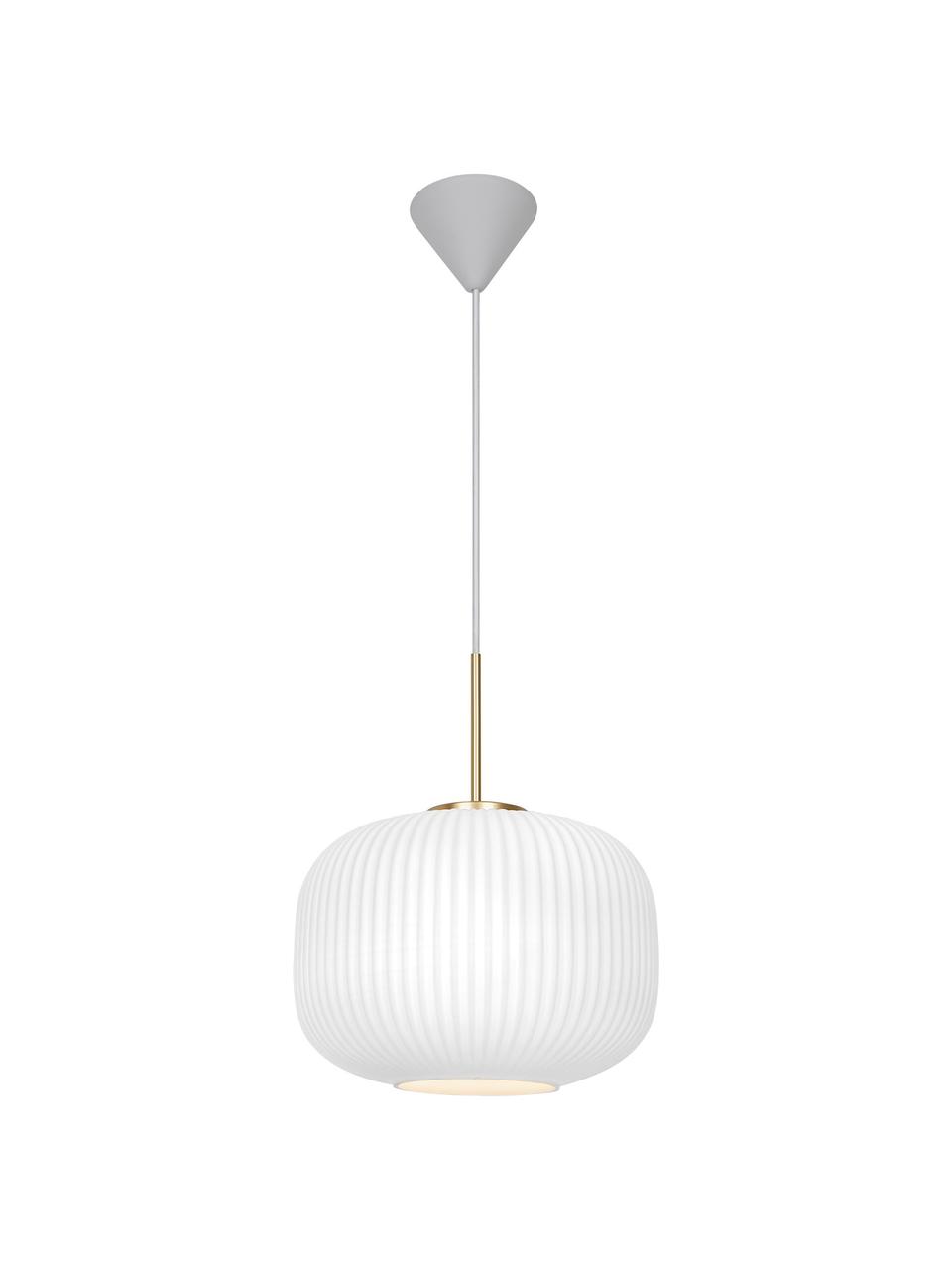 Pendelleuchte Milford aus Opalglas, Lampenschirm: Opalglas, mundgeblasen, Baldachin: Metall, beschichtet, Dekor: Metall, gebürstet, Weiß, Goldfarben, Ø 30 x H 24 cm