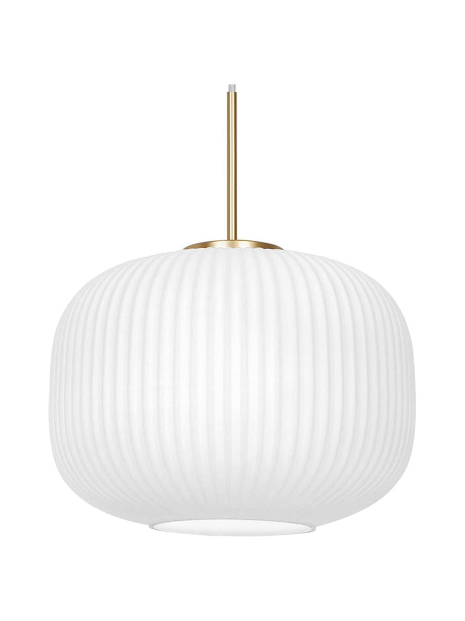Hanglamp Milford van opaalglas, Lampenkap: opaalglas, mondgeblazen, Baldakijn: gecoat metaal, Decoratie: geborsteld metaal, Wit, goudkleurig, Ø 30 x H 24 cm