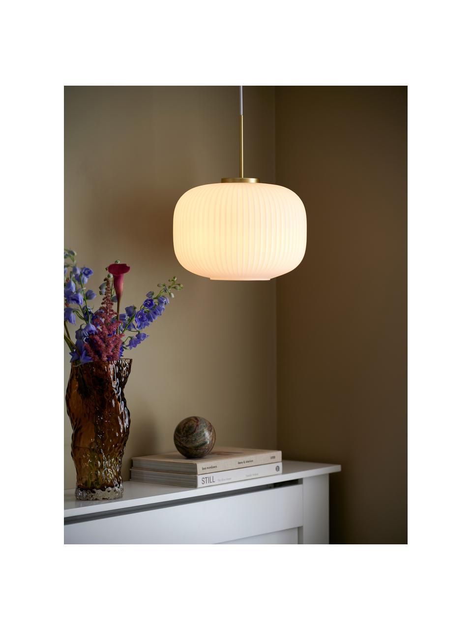 Hanglamp Milford van opaalglas, Lampenkap: opaalglas, mondgeblazen, Decoratie: geborsteld metaal, Wit, goudkleurig, Ø 30 x H 24 cm