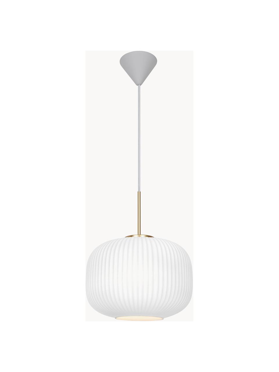 Lampada a sospensione in vetro opalino Milford, Paralume: vetro opalino, soffiato a, Baldacchino: metallo rivestito, Bianco, dorato, Ø 30 x Alt. 38 cm