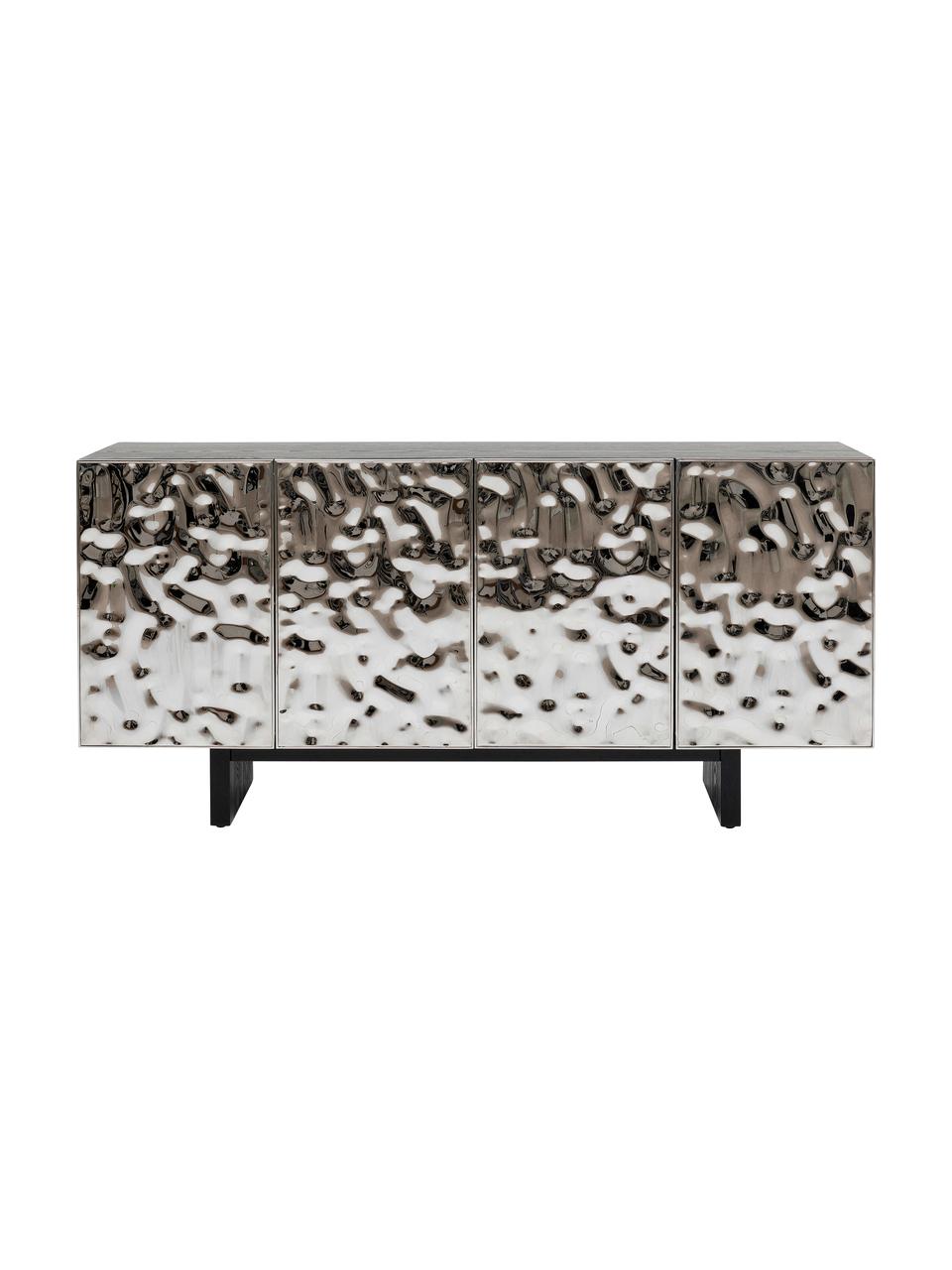 Credenza in acciaio inossidabile Caldera, Ripiano: finitura in legno di fras, Argentato, nero, Larg. 160 x Alt. 78 cm
