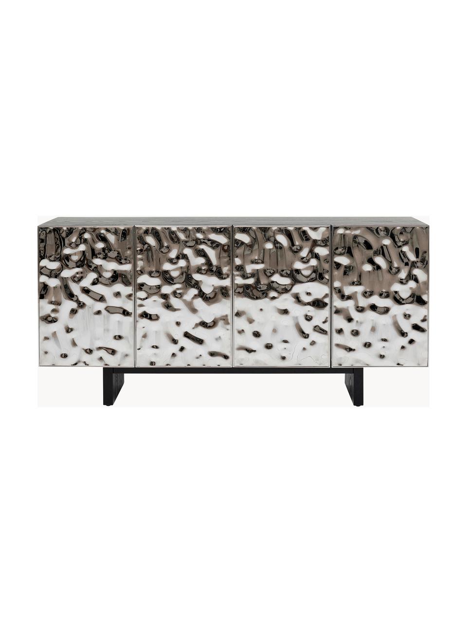 Dressoir Caldera van edelstaal, Plank: essenhoutfineer, vezelpla, Zilverkleurig, zwart, B 160 x H 78 cm