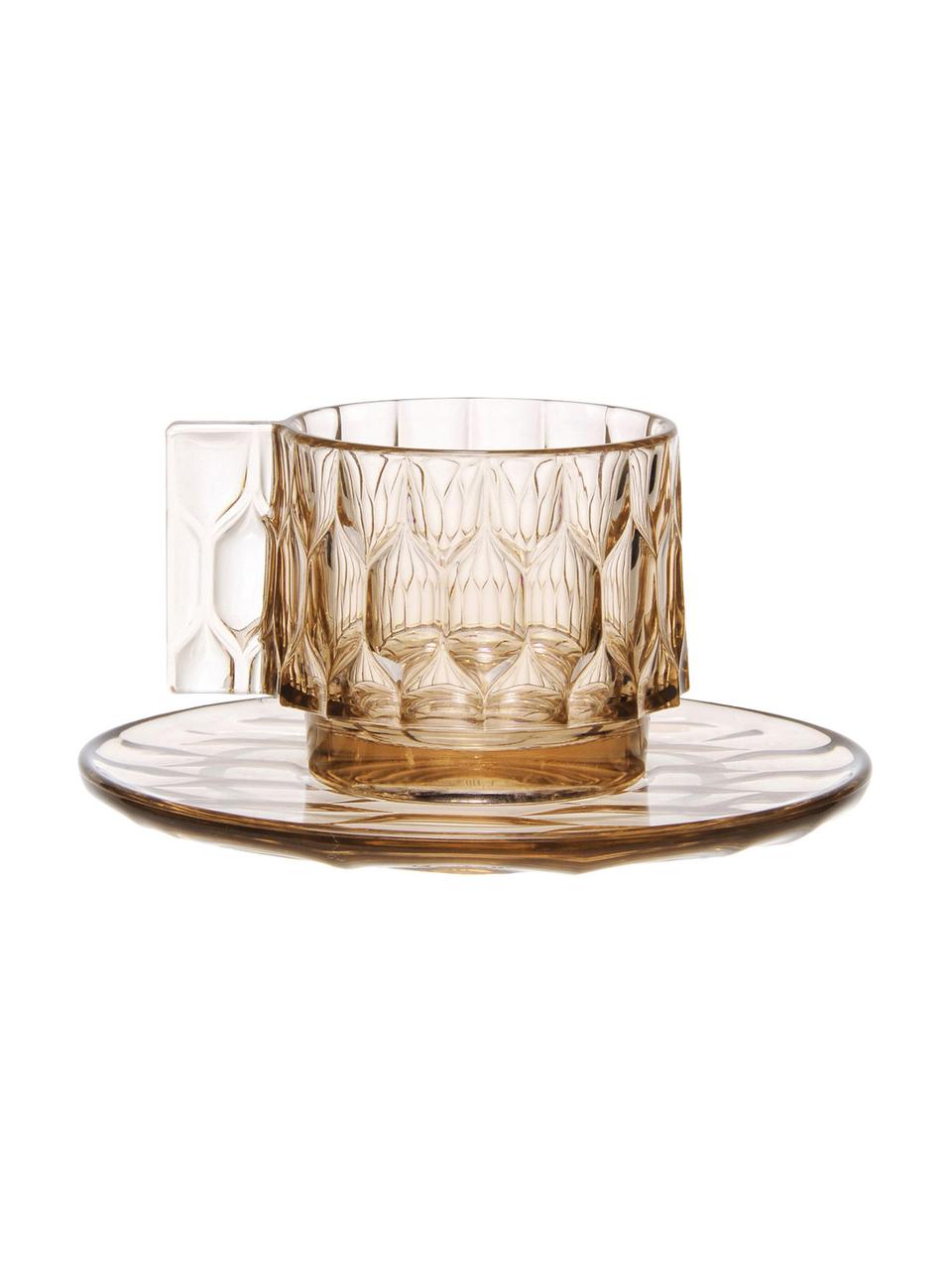 Tazas de café con platitos con relieves Jellies, 4 uds., Plástico, Verde claro transparente, Ø 6 x Al 7 cm, 90 ml