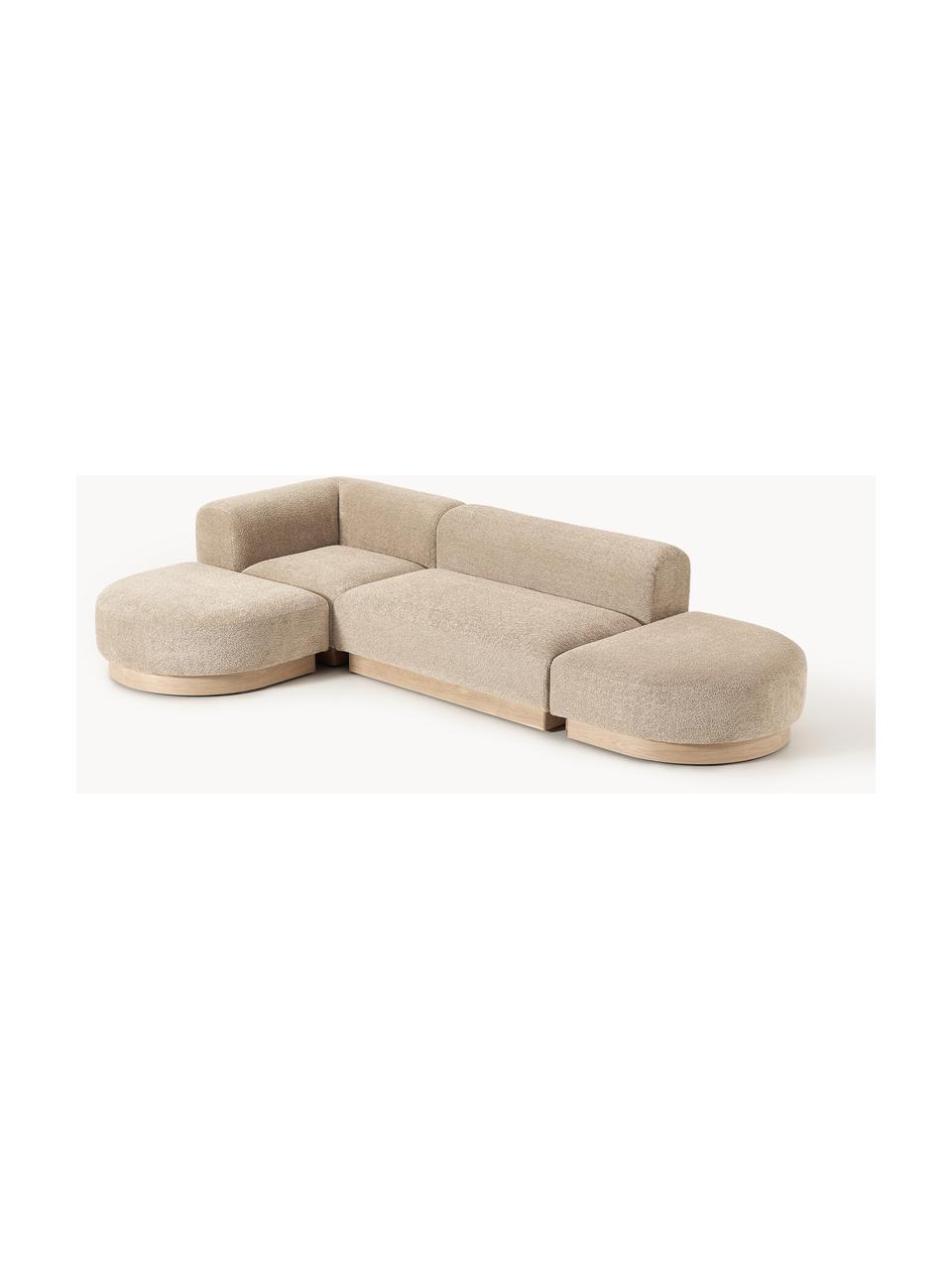 Modulares Ecksofa Natalie aus Teddy-Bouclé, Bezug: Teddy-Bouclé (100 % Polye, Gestell: mitteldichte Holzfaserpla, Sockel: Massives Buchenholz, lack, Teddy-Bouclé Beige, helles Buchenholz, B 337 x T 197 cm, Eckteil links