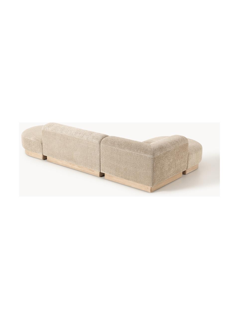 Modulares Ecksofa Natalie aus Teddy-Bouclé, Bezug: Teddy-Bouclé (100 % Polye, Gestell: mitteldichte Holzfaserpla, Sockel: Massives Buchenholz, lack, Teddy-Bouclé Beige, helles Buchenholz, B 337 x T 197 cm, Eckteil links