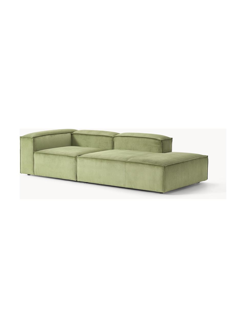 Diván modular de pana Lennon, Tapizado: pana (92% poliéster, 8% p, Estructura: madera de pino maciza, ma, Patas: plástico Este producto es, Pana verde oliva, An 269 x F 119 cm, reposabrazos derecho