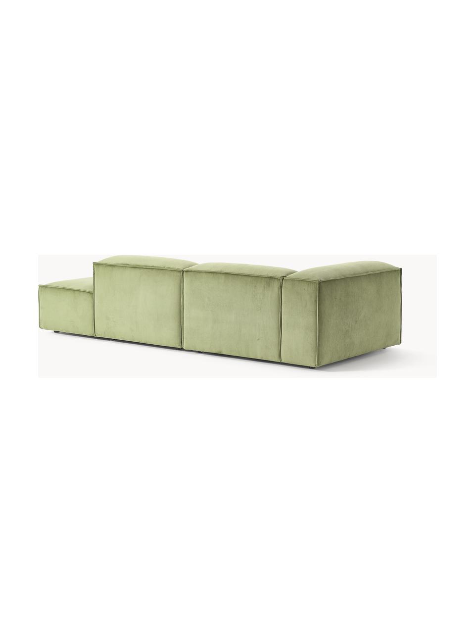 Diván modular de pana Lennon, Tapizado: pana (92% poliéster, 8% p, Estructura: madera de pino maciza, ma, Patas: plástico Este producto es, Pana verde oliva, An 269 x F 119 cm, reposabrazos derecho