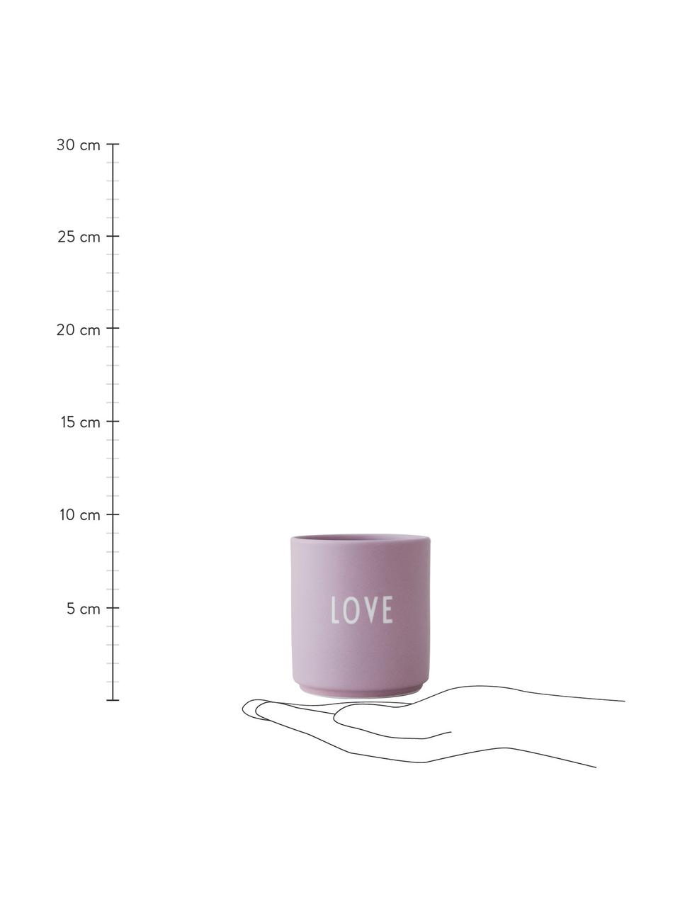 Design beker Favourite LOVE in lila met opschrift, Fine Bone China (porselein), Lila, wit, Ø 8 x H 9 cm, 250 ml