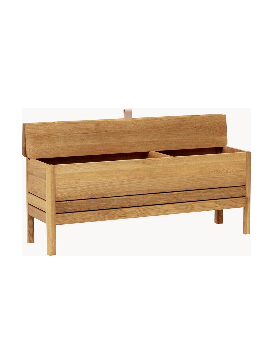 Banco de madera de roble con espacio de almacenaje A Line, Estructura: madera de roble, Asa: cuero Este producto está , Madera de roble, An 111 x F 35 cm