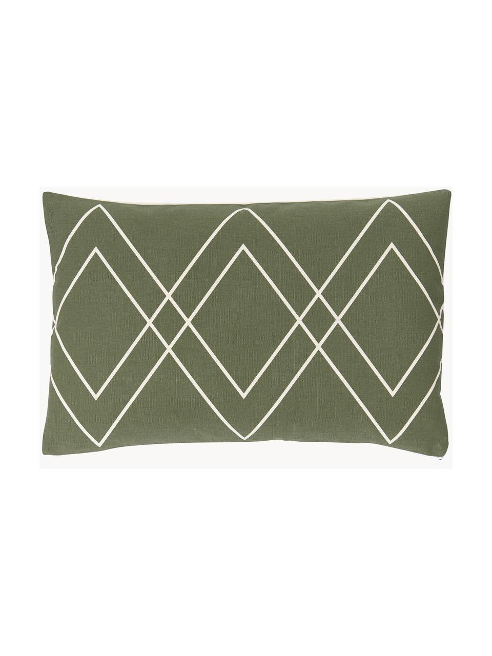 Housse de coussin bohème vert olive Ausel, 100 % coton, Vert olive, larg. 30 x long. 50 cm