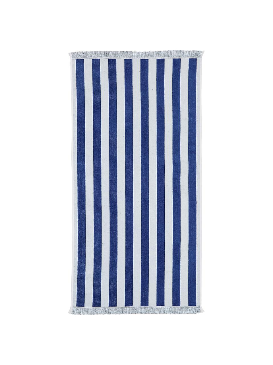 Serviette de plage à rayures franges Mare, 100 % coton
Grammage léger 380 g/m², Bleu, blanc, larg. 80 x long. 160 cm