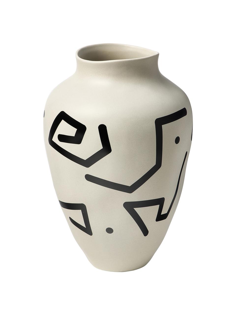 Handgefertigte Vase Latona mit Muster, Steingut, Cremeweiß, Schwarz, matt, Ø 21 x H 30 cm