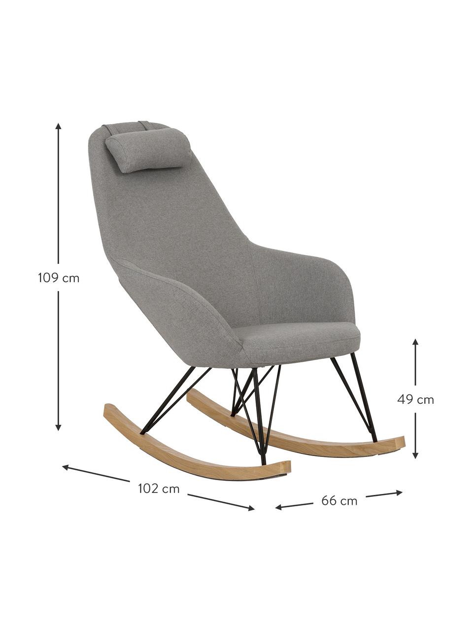 Sedia a dondolo in tessuto grigio Jolene, Rivestimento: 100% poliestere Il rivest, Struttura: metallo verniciato a polv, Piedini: legno di frassino massicc, Tessuto grigio, Larg. 66 x Prof. 102 cm