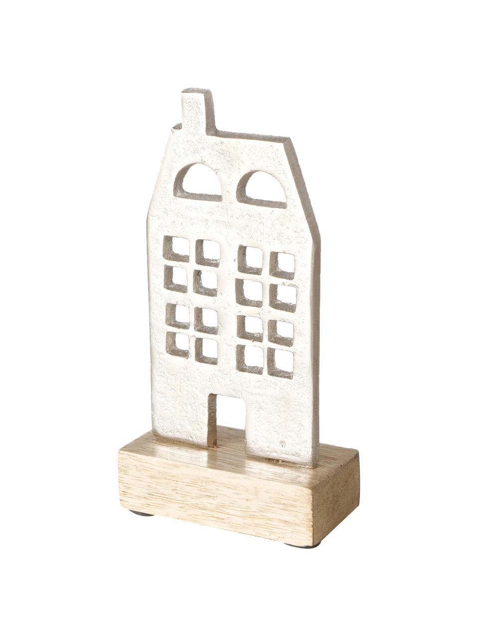 Figuras decorativas casas Hus, 3 uds., Madera de mango, metal, recubierto, Plateado, beige, Set de diferentes tamaños