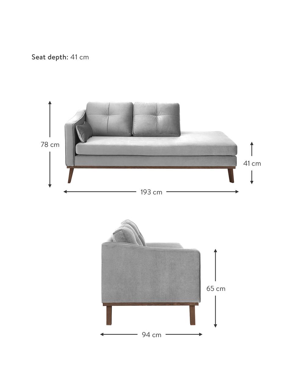 Fluwelen chaise longue Alva in grijs met beukenhout-poten, Bekleding: fluweel (hoogwaardig poly, Frame: massief grenenhout, Poten: massief gebeitst beukenho, Grijs, B 193 x D 94 cm