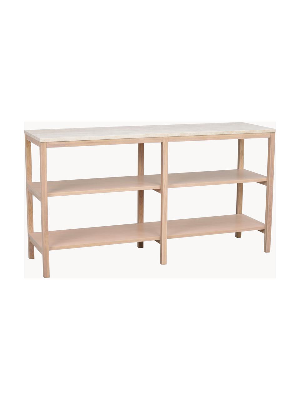 Libreria Orwel, Ripiano: travertino, Struttura: legno di quercia laccato , Travertino beige chiaro, legno di quercia laccato chiaro, Larg. 140 x Alt. 75 cm