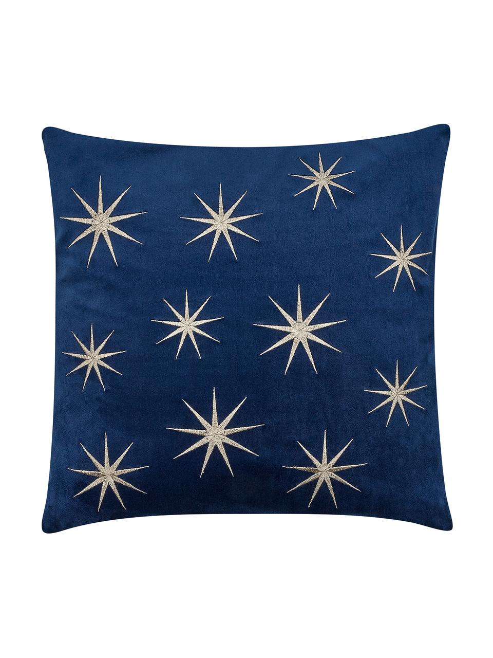 Geborduurde fluwelen kussenhoes Stars met winterlichten stermotieven, Marineblauw, 45 x 45 cm