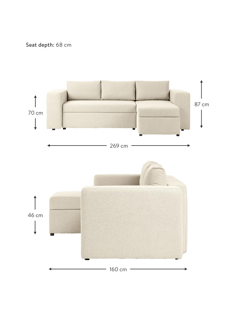 Canapé convertible avec rangement Noah, Tissu beige, larg. 269 x prof. 160 cm, méridienne à droite