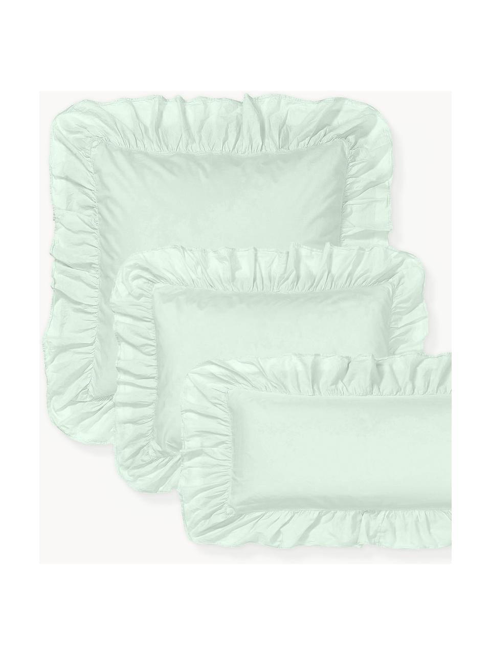 Funda de almohada de percal de algodón lavado con volantes Louane, Verde salvia, An 45 x L 110 cm
