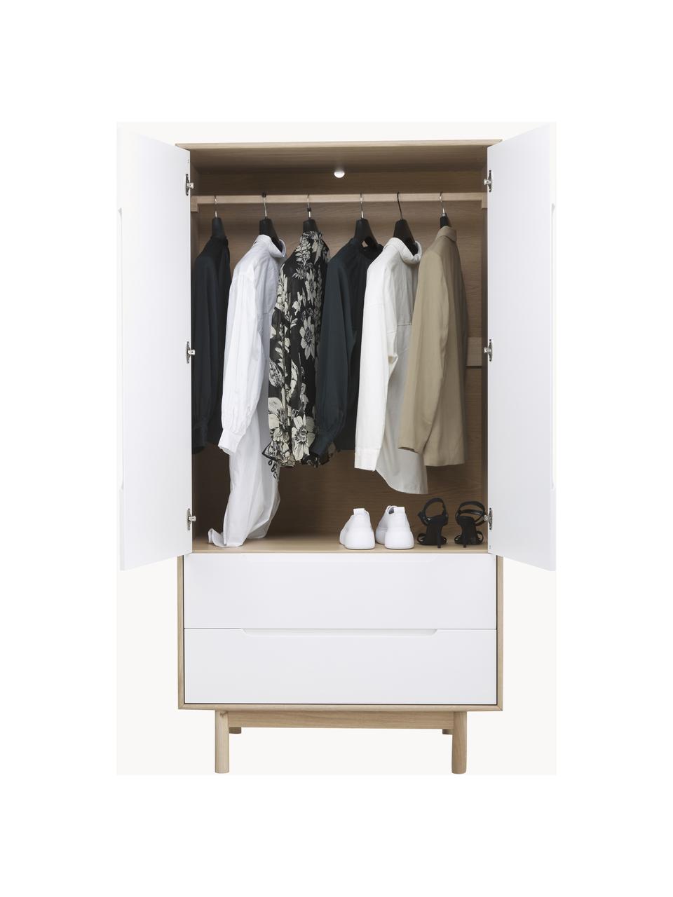 Kleine kledingkast Cassy, 2 deuren, Poten: massief eikenhout Dit pro, Eikenhout, wit, B 100 x H 195 cm