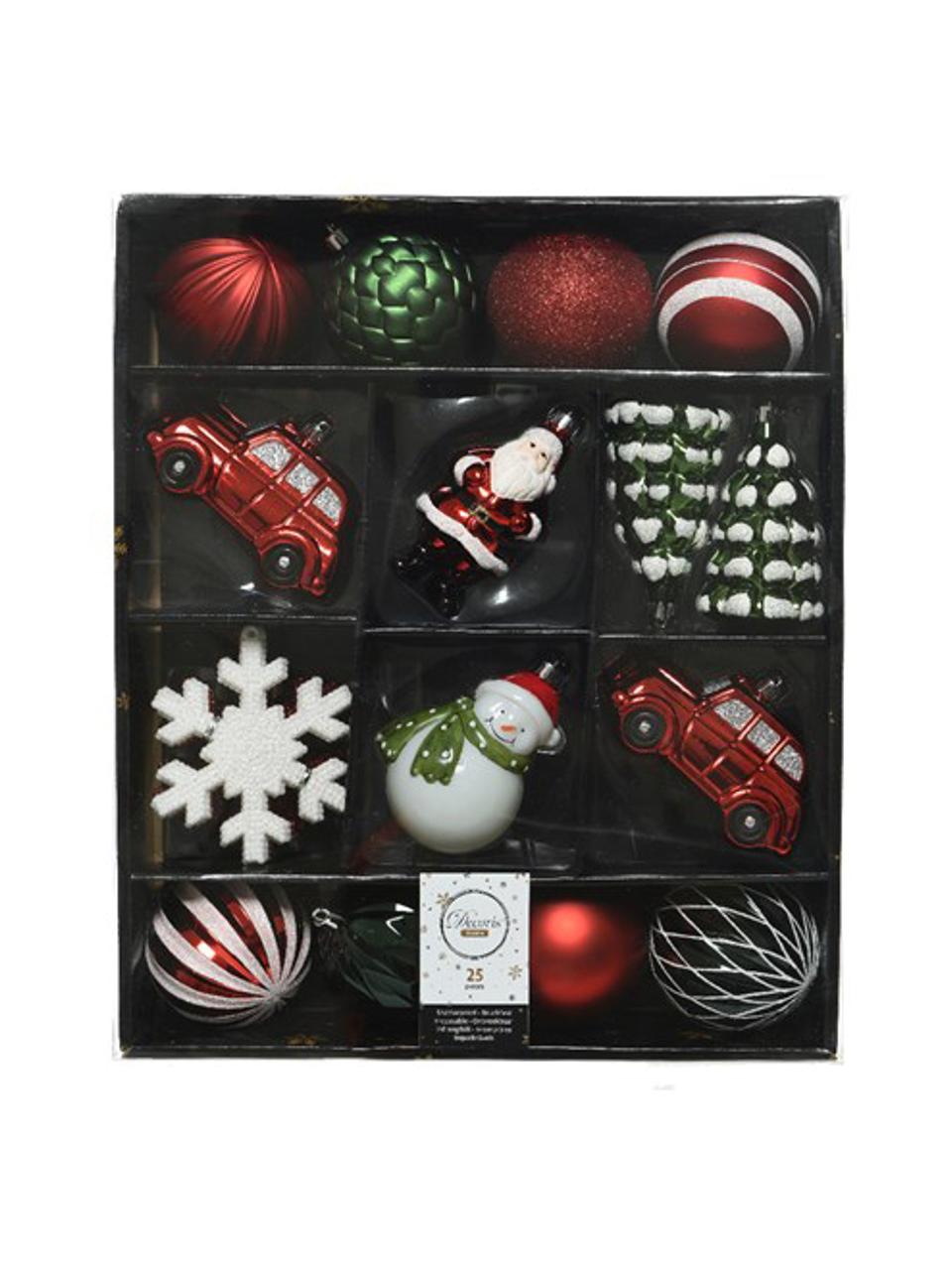 Set 25 ciondoli di Natale infrangibili Mischa, alt. 8 cm, Rosso, bianco, verde, Set in varie misure