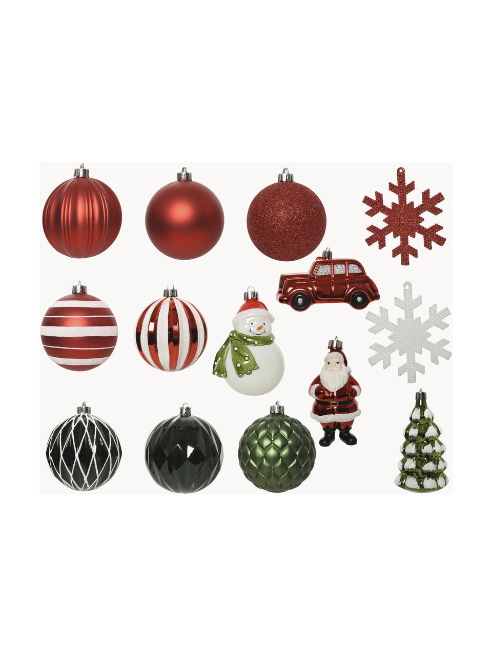 Set de adornos navideños irrompibles Mia, 25 uds., Plástico, Rojo, blanco, verde, Set de diferentes tamaños